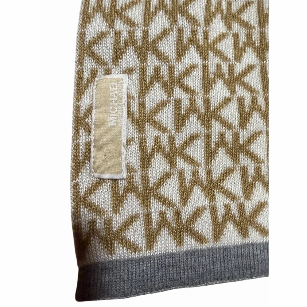 Michael Kors Knit Scarf Beige Cream Logo Monogram Gray Trim